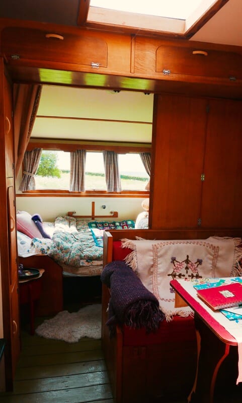 Inside glamping van Sybil at Mad Dogs and Vintage Vans Inside glamping van Sybil at Mad Dogs and Vintage Vans