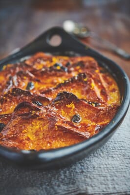 Brioche bread and butter pudding in dish