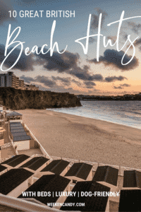 beach and beach huts at sunset - pinnable image