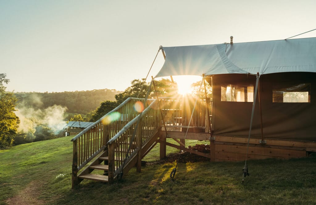 Exe Valley Glamping, Devon, sun shining through tent Exe Valley Glamping, Devon, sun shining through tent