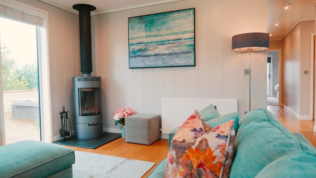 Strawberryfield Eco Lodges in Somerset - lounge and log burner Strawberryfield Eco Lodges in Somerset - lounge and log burner