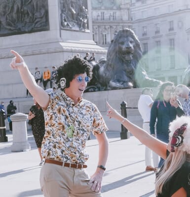 Boogie Shoes Silent Disco London - people dancing in Trafalgar sq