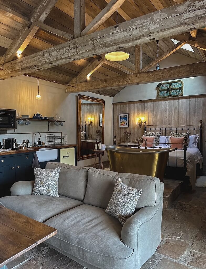 bed in the pressing room at outbuildings in bridport bed in the pressing room at outbuildings in bridport