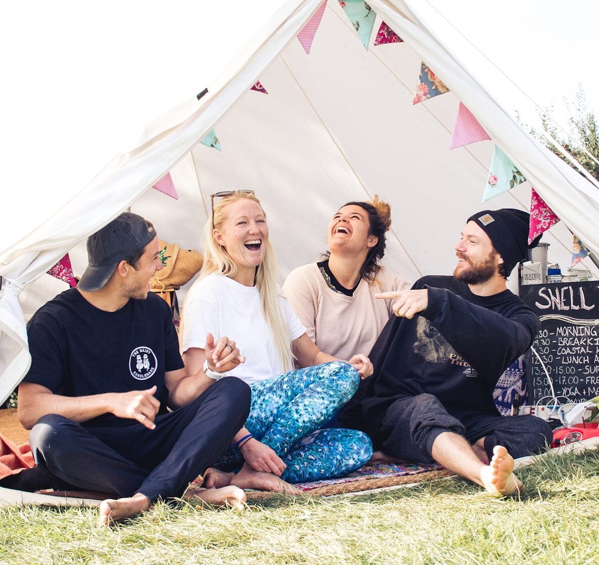 Swell Yoga Retreat North Devon - team laughing in tent