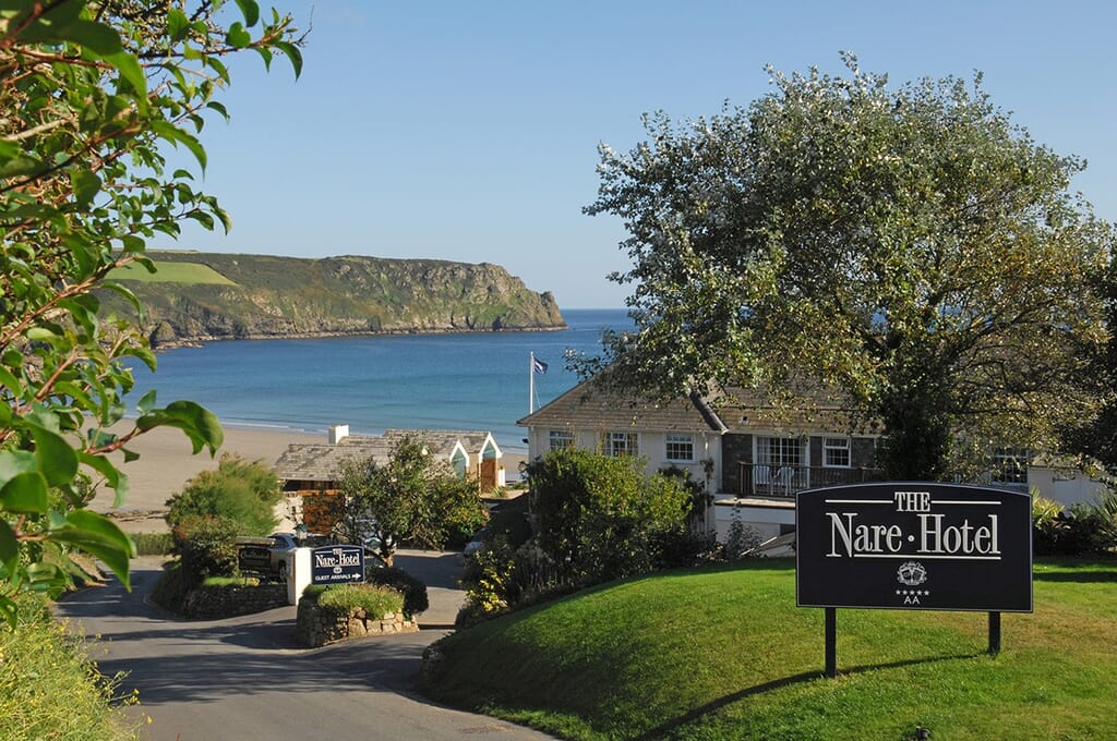 View of The Nare Hotel and Beach in Cornwall View of The Nare Hotel and Beach in Cornwall