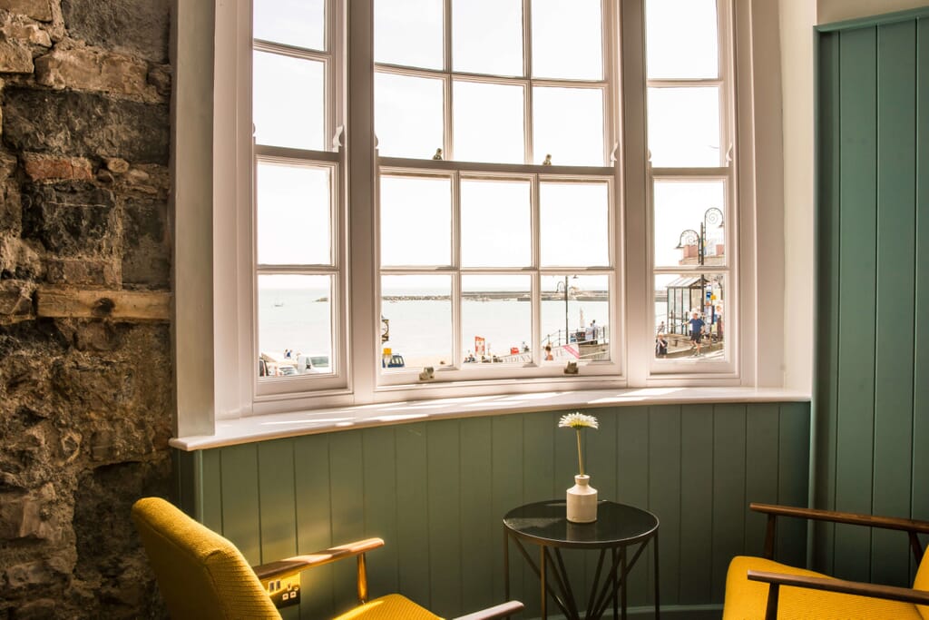 pilot boat inn lyme regis - window view to sea pilot boat inn lyme regis - window view to sea