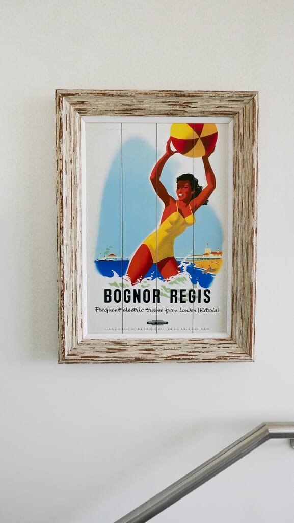 beachcroft-beach-huts: vintage poster on wall beachcroft-beach-huts: vintage poster on wall