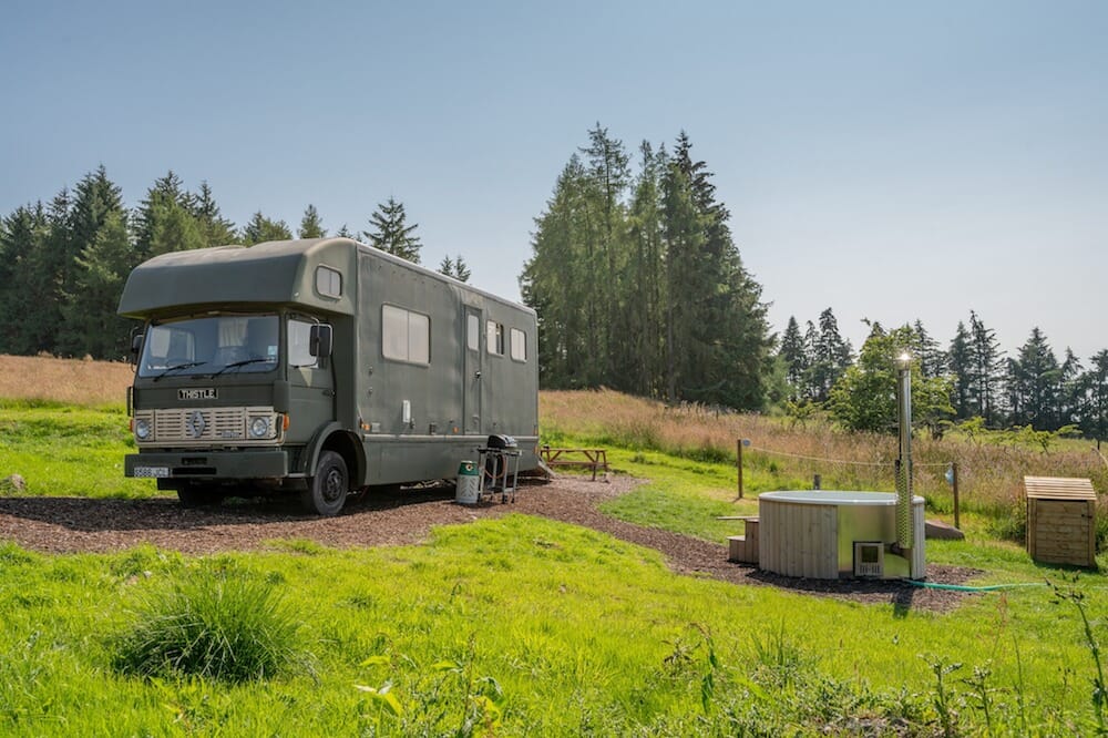 glamping in perthshire scotland - thistle lorry, hot tub at alexander house