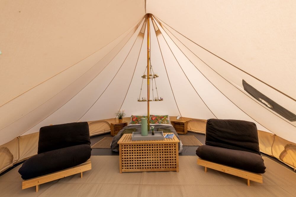 hen party glamping bell tent interior at big skies glamping cotswolds