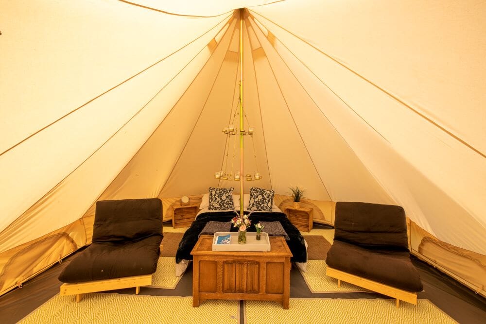 hen party glamping bell tent inside at big skies glamping cotswolds