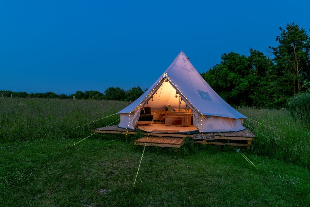 hen party glamping bell tent at big skies glamping cotswolds
