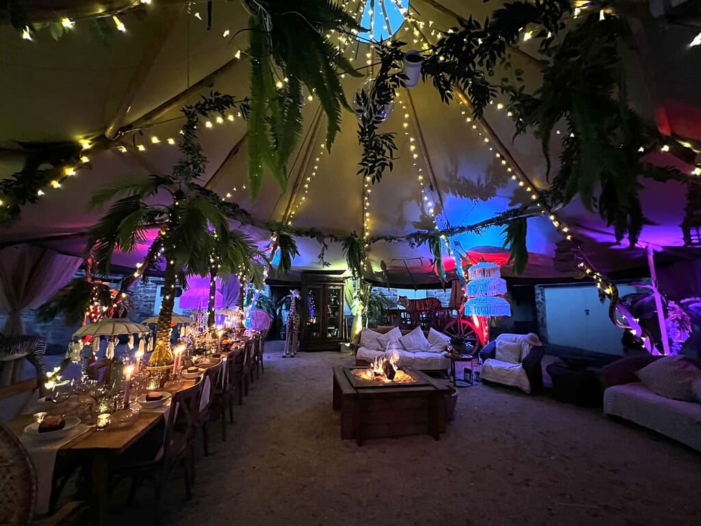 night-time party set up at Tan House party house in gloucestershire