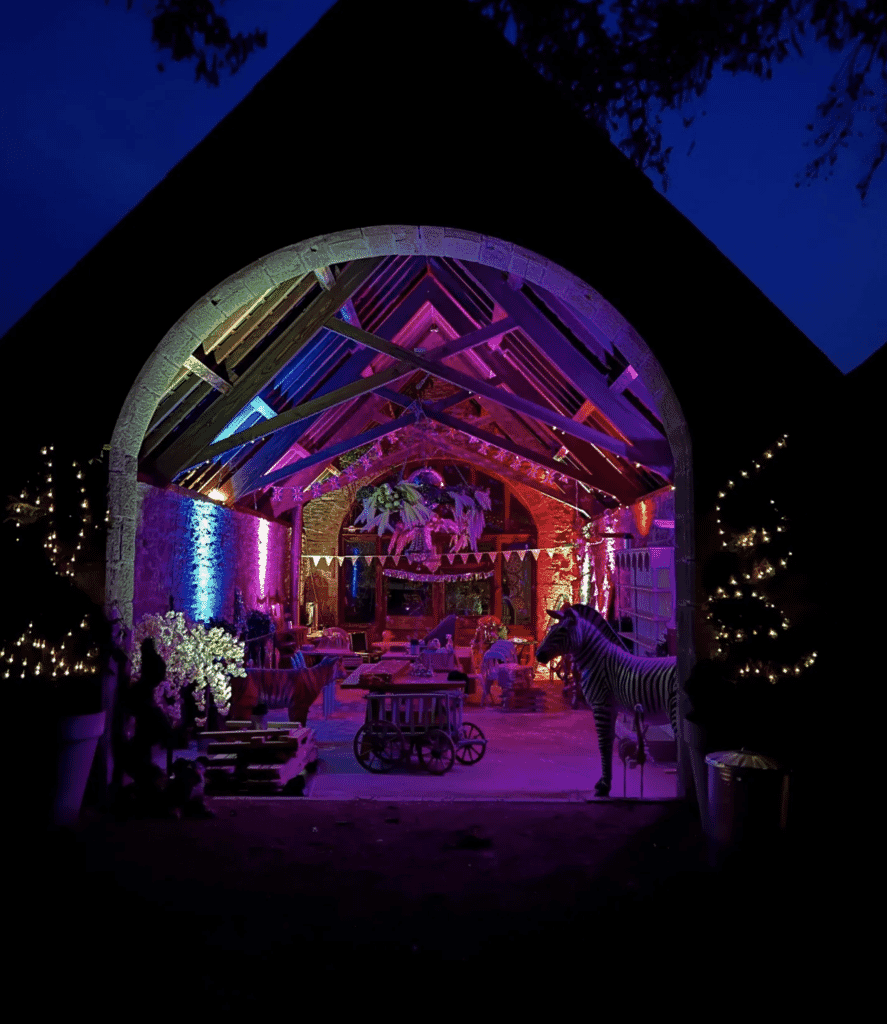 night-time party set up at Tan House party house in gloucestershire