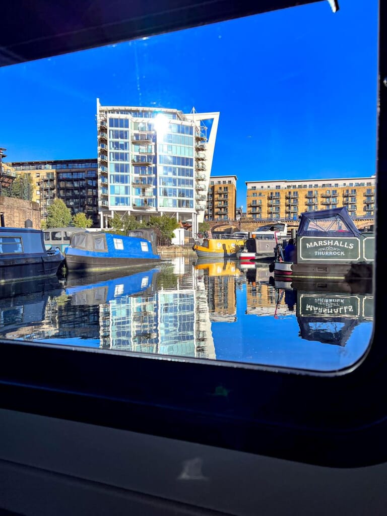 Lulubelle luxury houseboat stay in London Limehouse Marina - interior view outside
