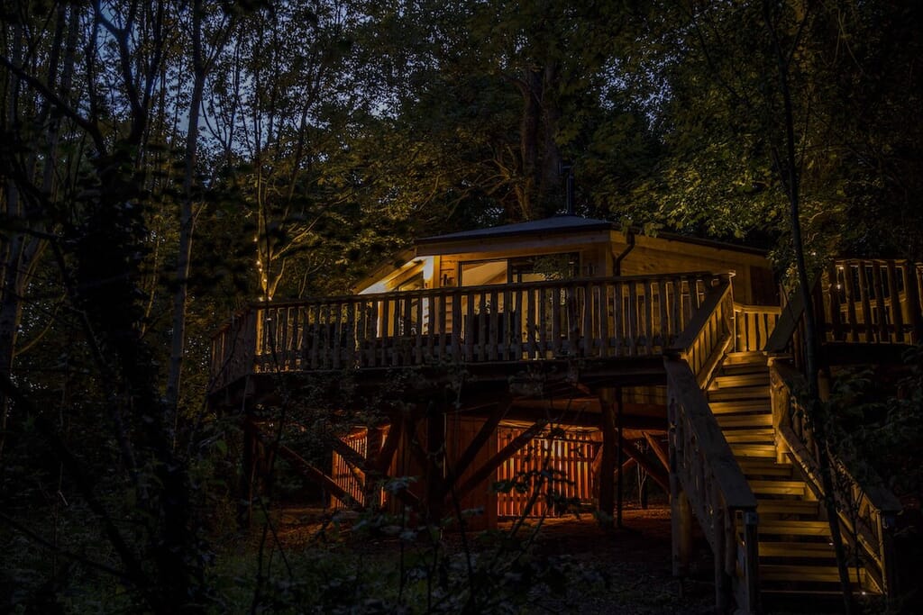 The Den Treehouse at Pickwell Manor in Devon - at night