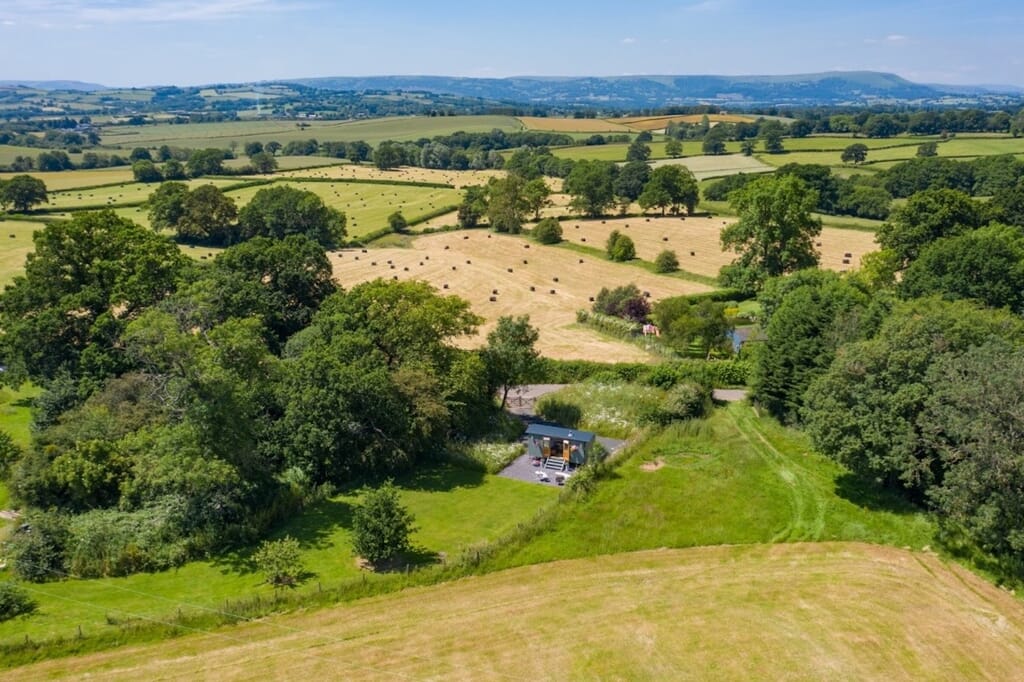 Shepherds Hut Wales - Cromwell's Hideaway aerial view Shepherds Hut Wales - Cromwell's Hideaway aerial view
